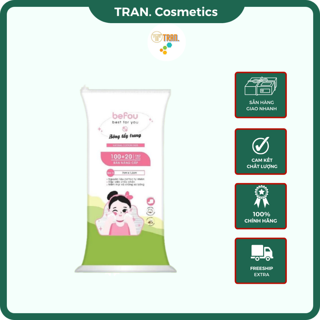 Bông Tẩy Trang Befou, Bông Befou Vuông Tẩy Trang 120 Miếng Cotton Thiên Nhiên Mềm Mịn Không Xơ - TRA