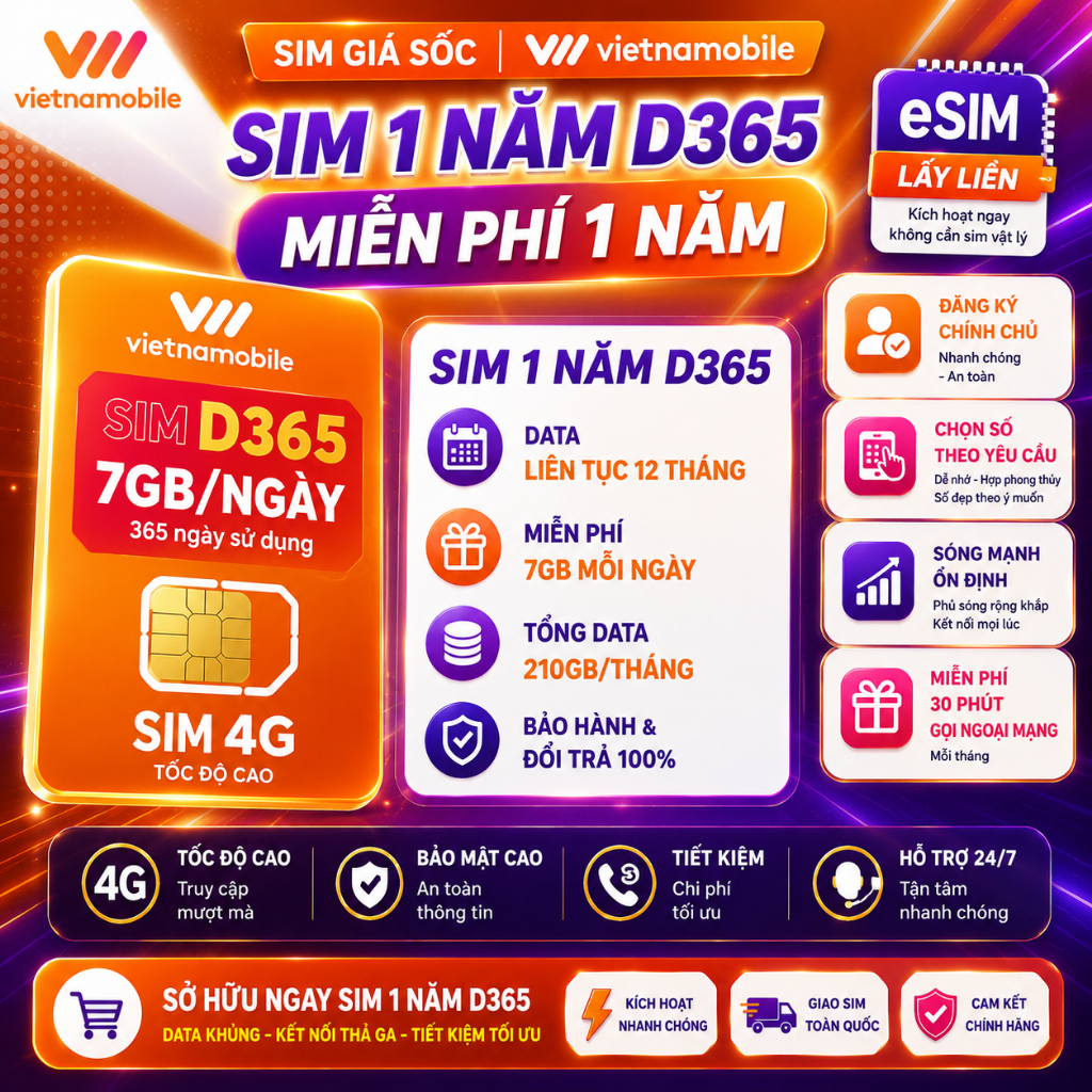 Sim 1 Năm 7GB/Ngày Vietnamobile – D365 – Trọn Gói 12 Tháng, eSIM Hỗ Trợ, Gọi Rẻ