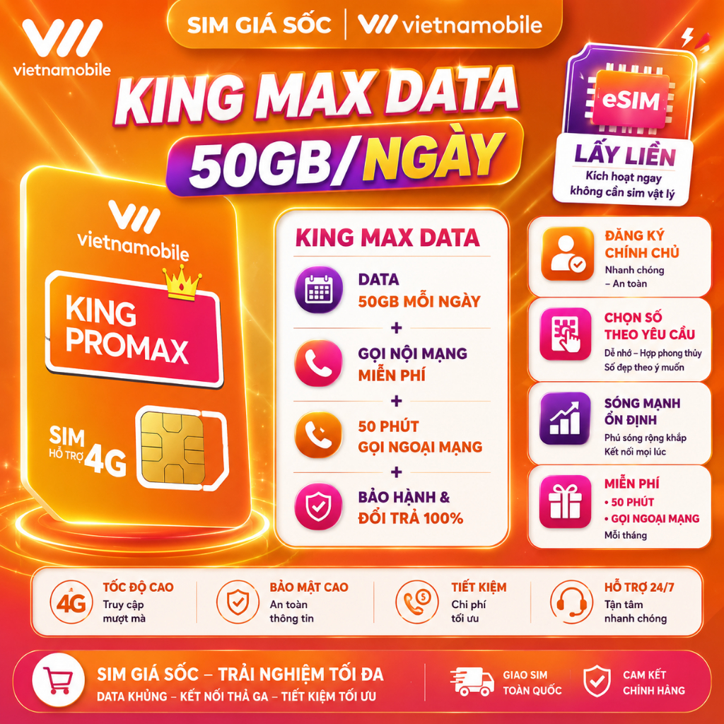 Sim 4G Vietnamobile – King ProMax 50GB/Ngày, Tặng 50 Phút Ngoại Mạng, eSIM Lấy Liền