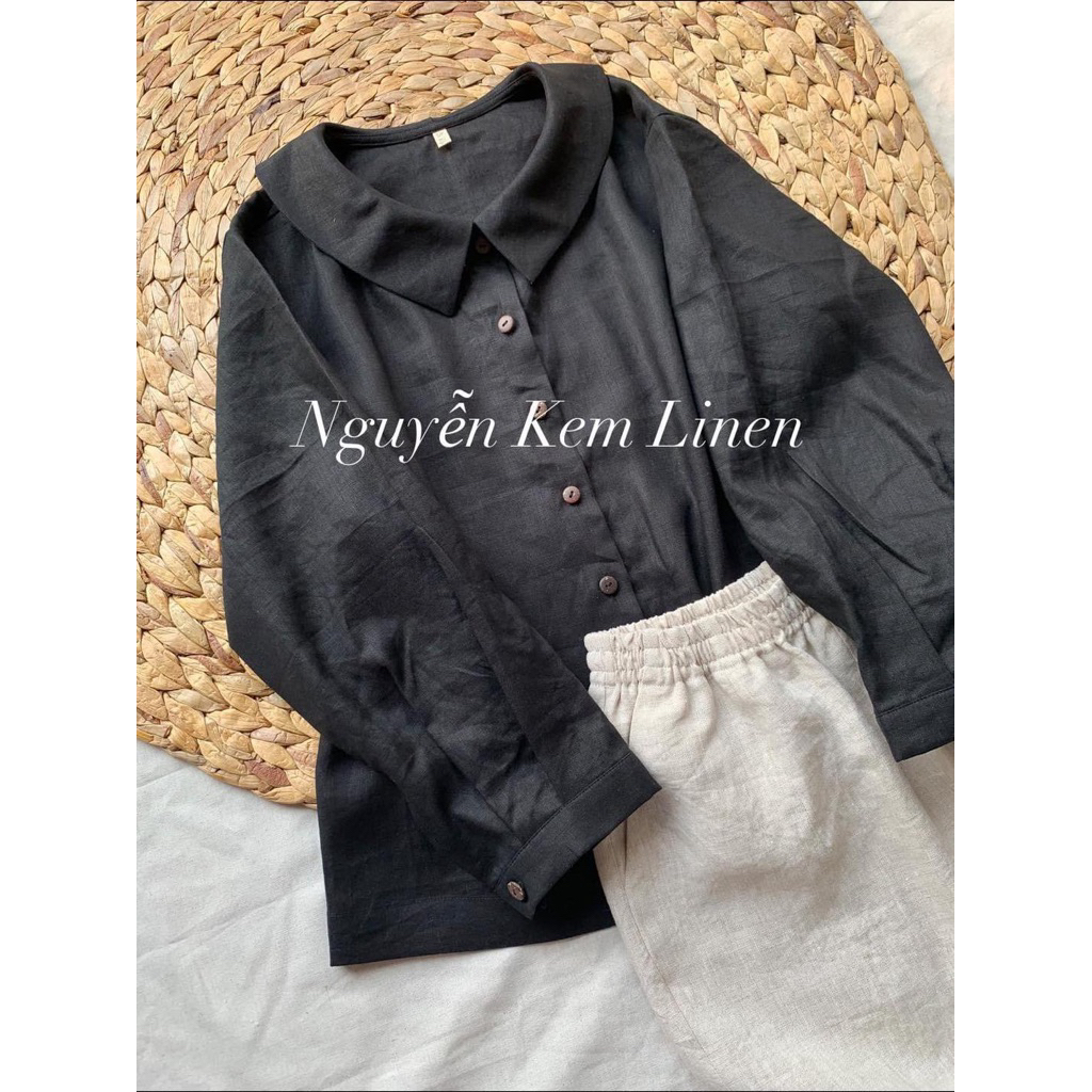 Áo Linen Cổ Sen Tay Dài Form Rộng – Áo Sơ Mi Linen Đen Basic Dễ Phối Đồ | Nguyễn Kem Linen