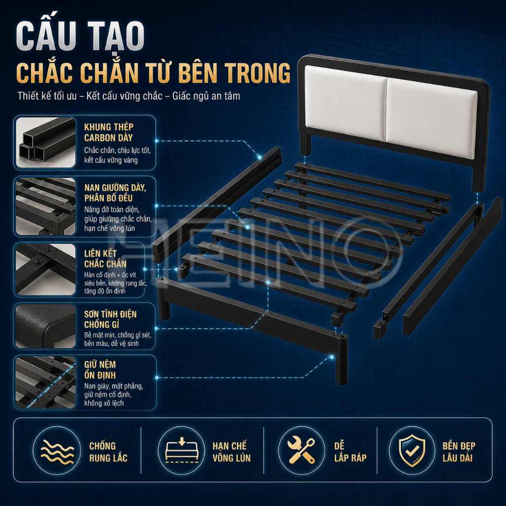 HEINO Giường sắt lắp ráp chịu lực tốt Khung thép làm dày gia cố chắc chắn đủ size 1m - 1m8 | BigBuy360 - bigbuy360.vn