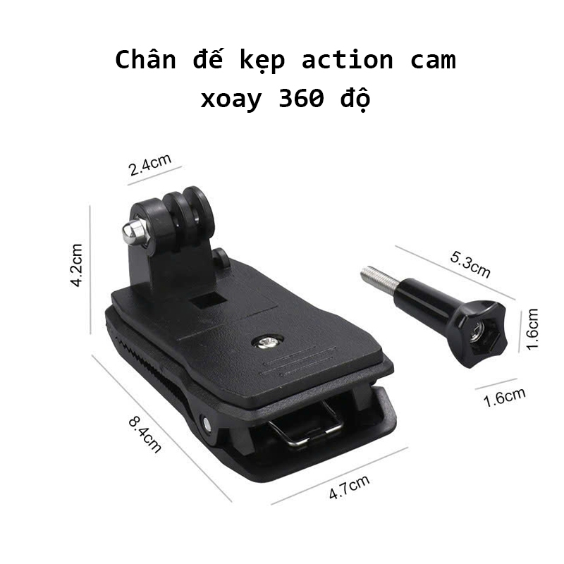 Kẹp balo gắn action cam (GoPro 13/12, DJI action 5/4/3, Insta360) - xoay 360…