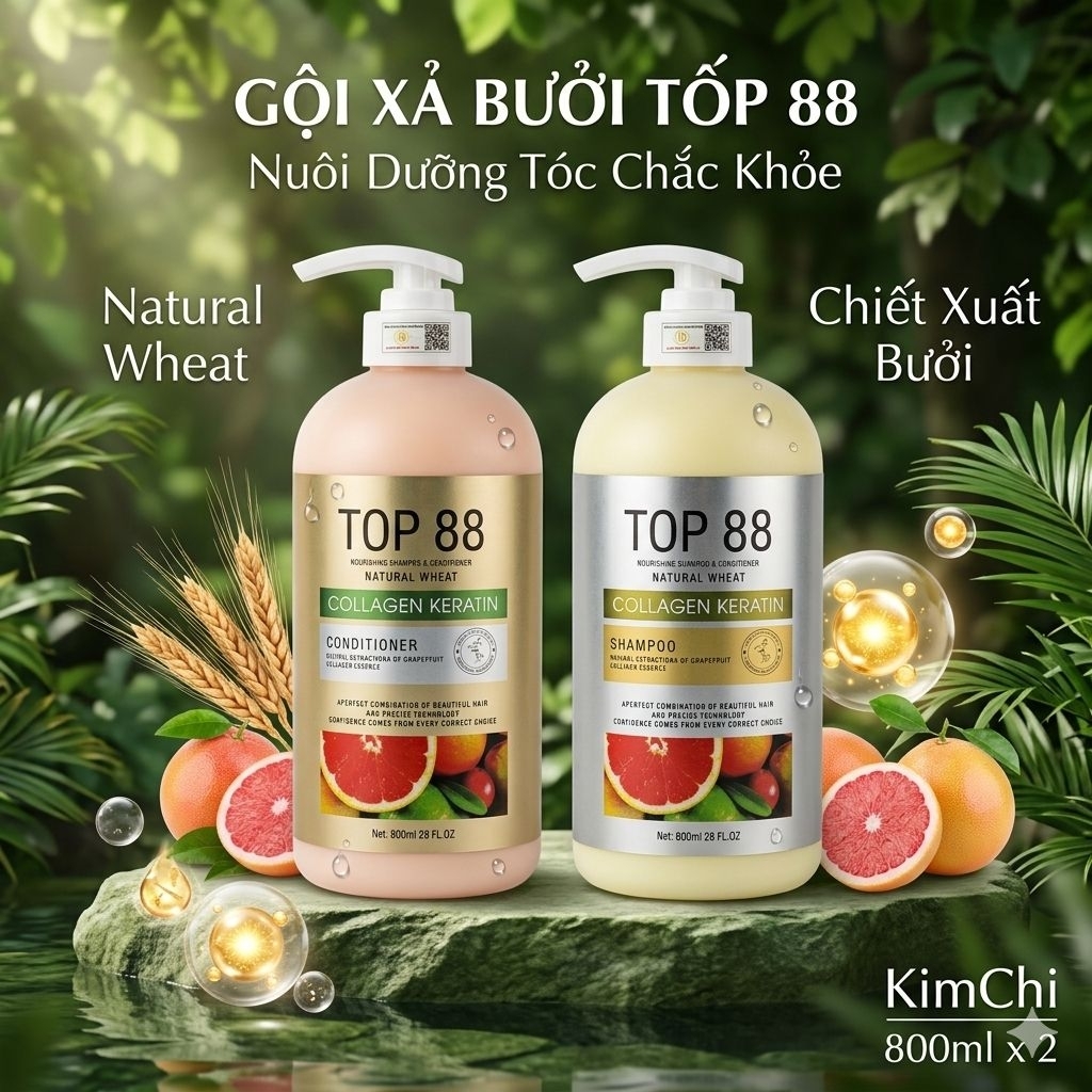 Combo Gội Xả TOP 88 Bưởi Collagen Keratin 800ml – Dưỡng Tóc Suôn Mượt, Thơm Lâu Tại Nhà
