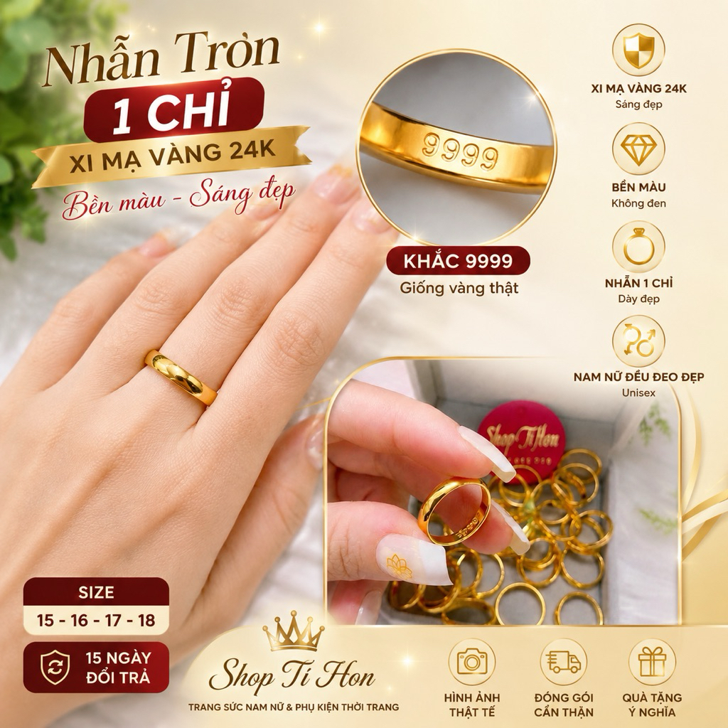 Nhẫn Trơn 1 Chỉ Xi Mạ Vàng 24K Khắc 9999 Cao Cấp Bền Màu – Nhẫn Nam Nữ Size 15 16 17 18