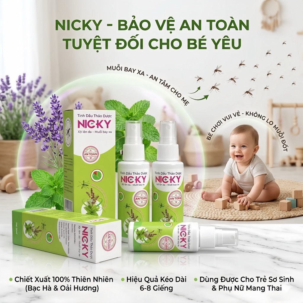 TINH DẦU THẢO DƯỢC CHỐNG MUỖI NICKY – AN TOÀN CHO TRẺ SƠ SINH & PHỤ NỮ MANG THAI – 60ML