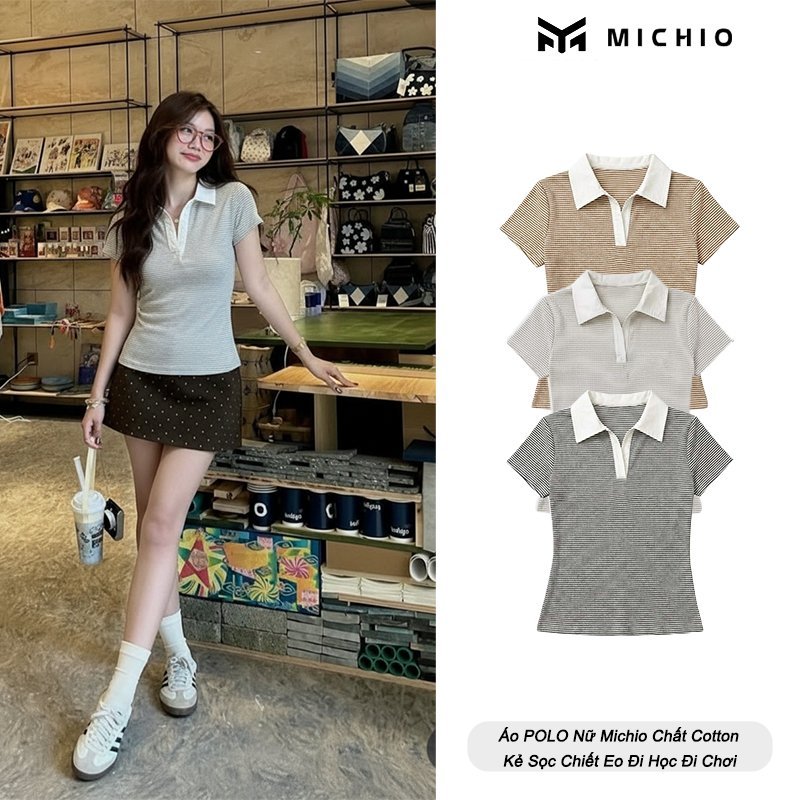 Áo POLO Nữ Michio Chất Cotton Thoáng Mát Chiết Eo Kẻ Sọc Đi Học Đi Chơi