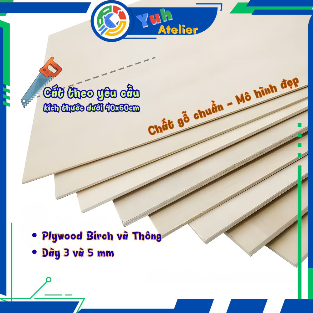 Combo 5 tấm gỗ Plywood dày 3mm và 5mm mặt Birch và Thông, gỗ làm mô hình, cắt theo yêu cầu