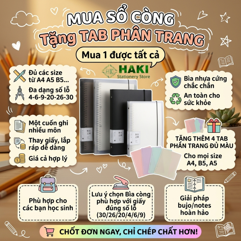 Sổ còng tặng tab phân trang HAKI binder sổ còng sắt A4 B5 A5 30,26,20,4,9,6 lỗ bìa còng Tặng Tab phâ