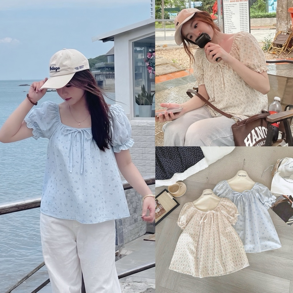 [Hàng Loại 1] Áo babydoll hoa nhí thắt nơ tay ngắn bo chun mặc 2 kiểu Mezy Top - A1324