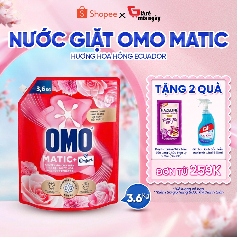 Nước Giặt Omo Matic Cửa Trên Hương Hoa Hồng Ecuador Túi 3.6KG