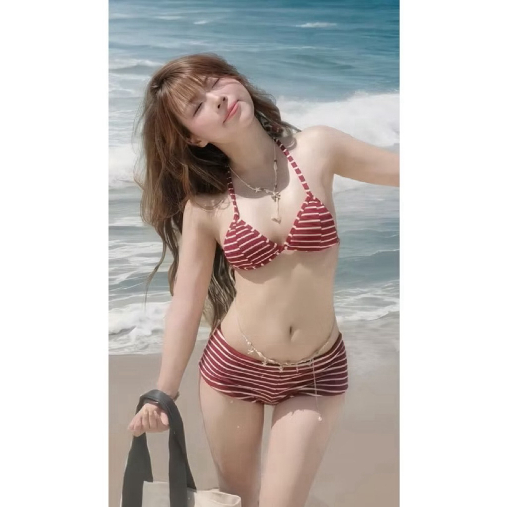 Bikini 2 mảnh set đi biển quần đùi ôm mông áo tam giác sọc cao cấp ( sẵn hàng - che tên)