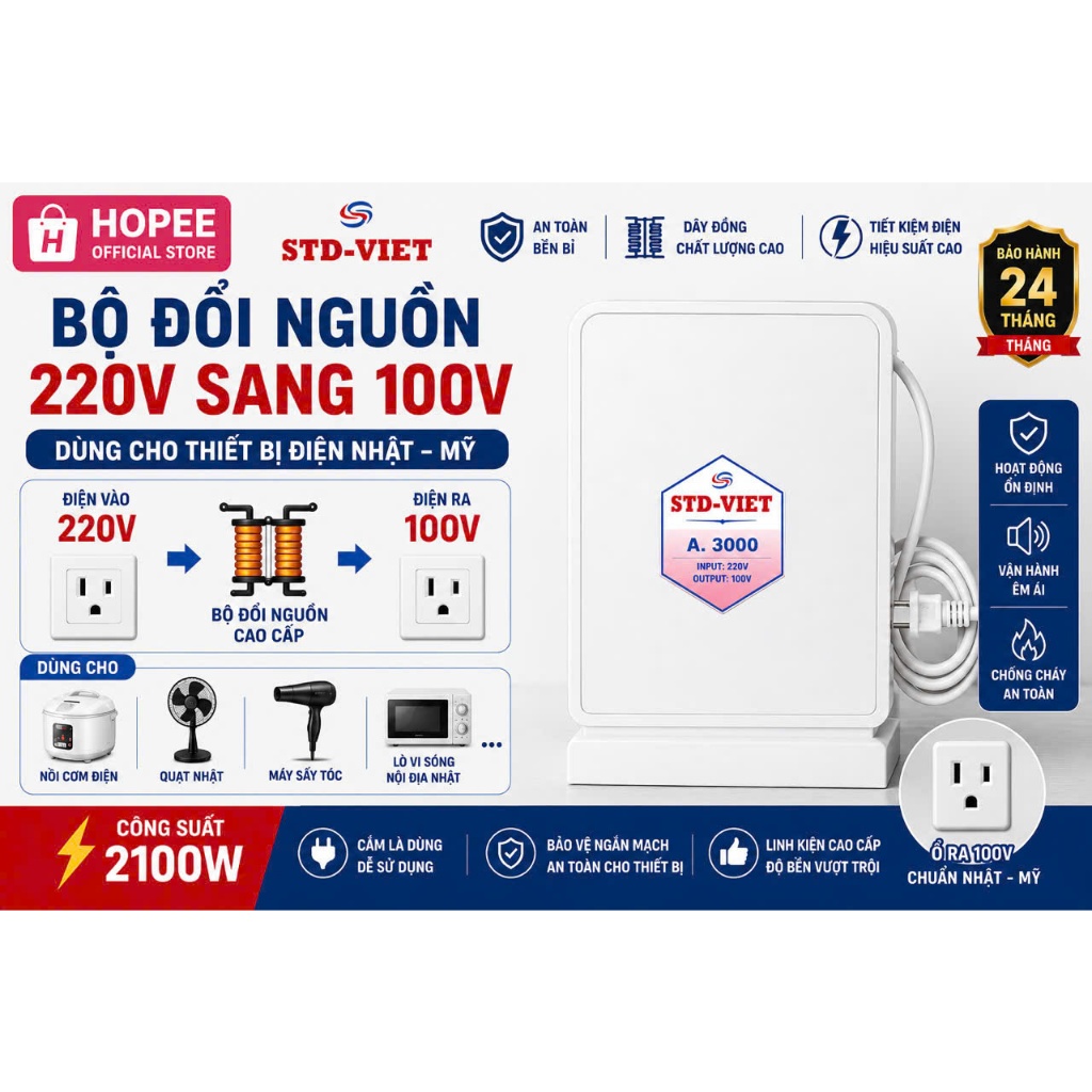 Bộ đổi nguồn 1000VA,1500VA,2000VA,3000VA- Biến áp tự ngẫu nguồn vào 220v ra 100V bảo hành 24 tháng l