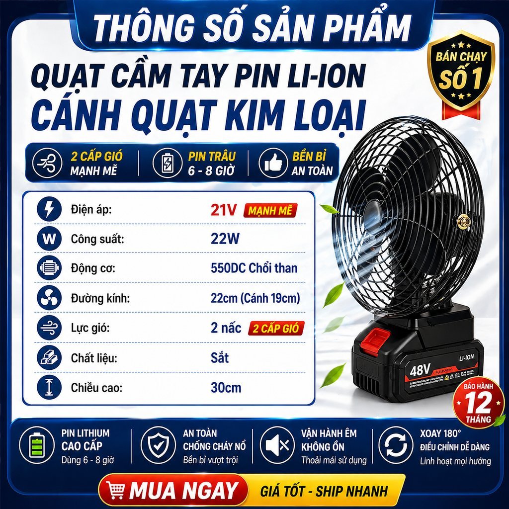Quạt Tích Điện 10 Sell, Pin Trâu, Lồng Sắt Bền Bỉ, chạy 6-8 Tiếng, Bảo Hành 12T