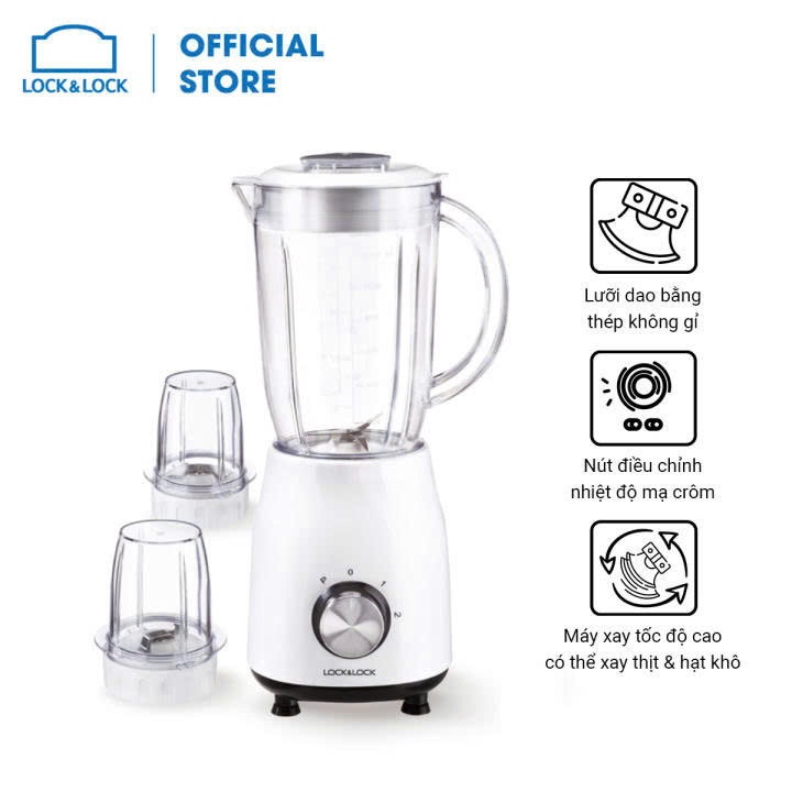 Máy xay sinh tố đa năng LocknLock dung tích 1.2L kèm 3 cối xay, lưỡi dao thép không rỉ - Mã EJM462