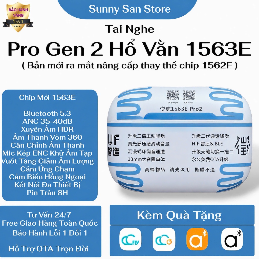 Tai Nghe Hổ Vằn Pro 2 1563E UF – Chip Mới 2026 | ANC 40dB | Bluetooth 5.3 | Mic ENC | OTA Trọn Đời