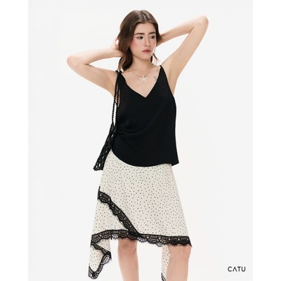 TUBYCATU Áo Hai Dây Lụa Nữ Cổ V Cami Top + Chân Váy Chấm Bi Phối Ren Yena Veil Sang Trọng Nữ Tính