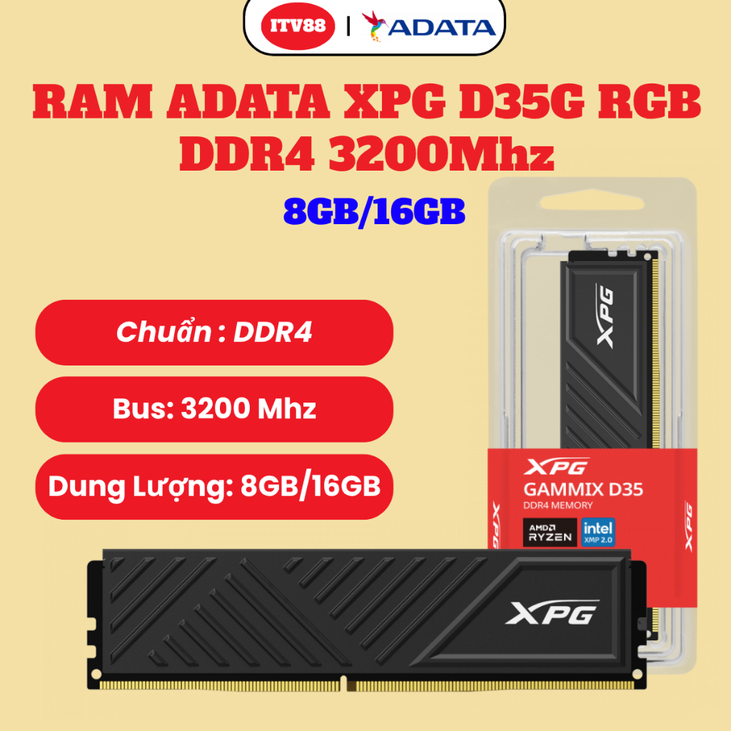 Ram Máy tính để bàn - PC Adata XPG D35 Black 8GB/16GB DDR4 3200Mhz- BH 5 Năm