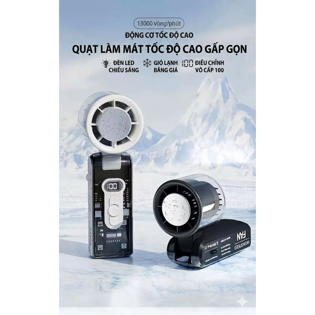 Quạt Mini Cầm Tay FC8 Sò Lạnh Băng Giá - 100 Cấp Độ Gió, Đèn LED Cực Ngầu, Kèm Dây Đeo Tiện Lợi (Gấp
