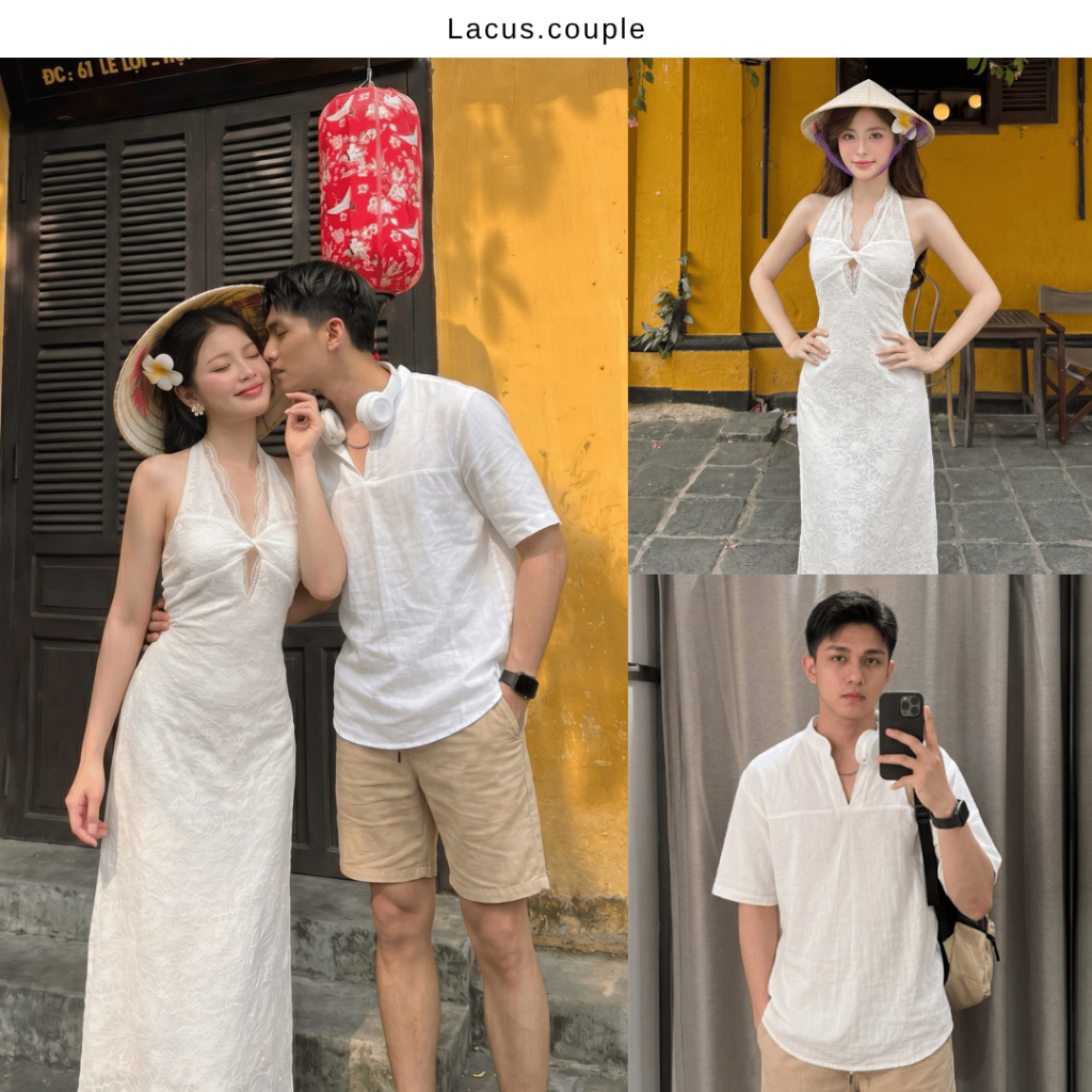 [Bobby Set] Set đồ đôi couple nam nữ Váy nữ body trắng ren hoa dáng dài Áo sơ mi nam đũi đi biển đi chơi LACUS COUPLE