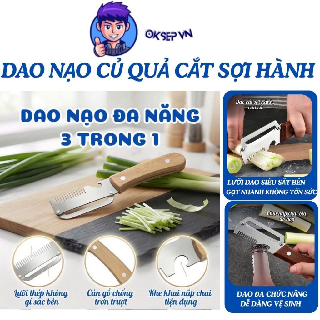 Thế Hệ Mới Dao Nạo Củ Quả Cắt Sợi Hành OKSEP Dao Bào Sợi, Gọt Vỏ, Mở Nắp Chai Đa Năng Lưỡi Thép Không Gỉ Sắc Bén