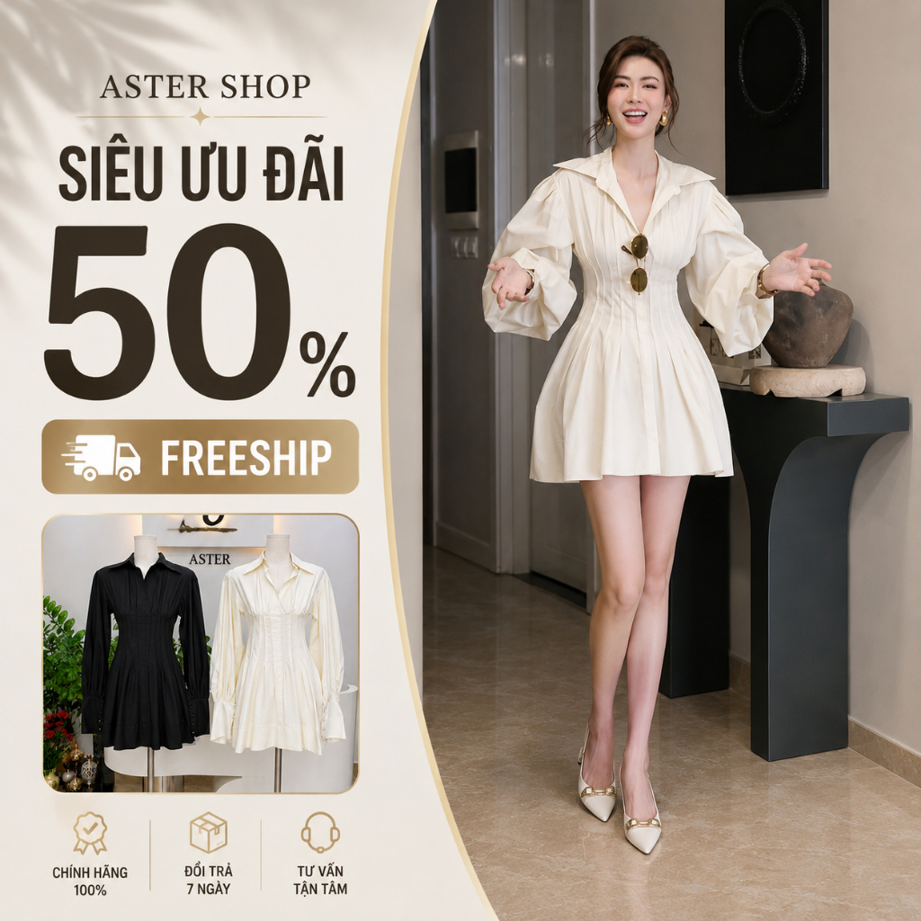 CHUẨN HÃNG. MẪU MẶC Váy dài tay xếp ly chiết eo TKCC BAGEO - Aster shop