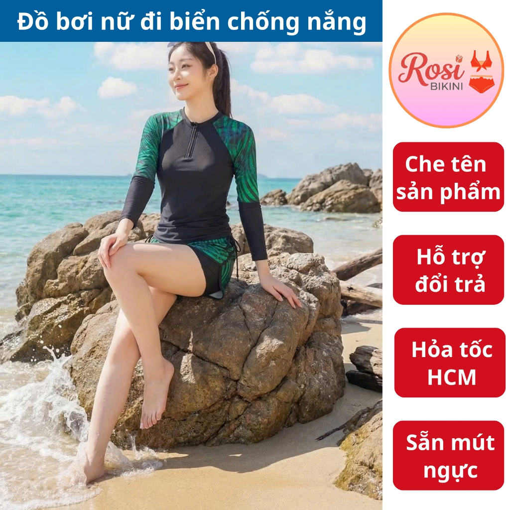 Đồ Bơi Nữ Đi Biển 2 Mảnh Dài Tay Quần Đùi, Có Mút Ngực, Quần 2 Lớp Co Giãn Sẵn Mút Ngực Thoải Mái | BigBuy360 - bigbuy360.vn