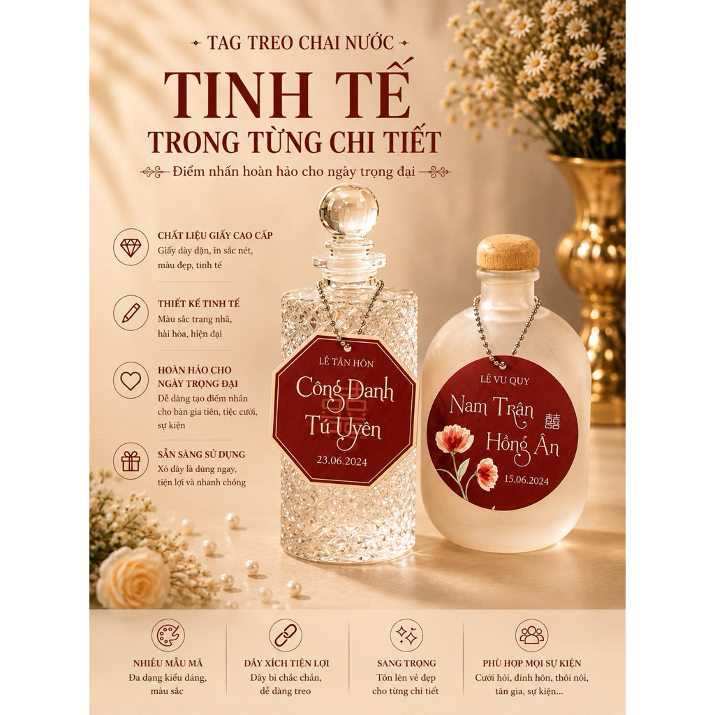 Nhãn tròn & nhãn kiểu treo hoặc dán chai nước suối trang trí bàn gia tiên
