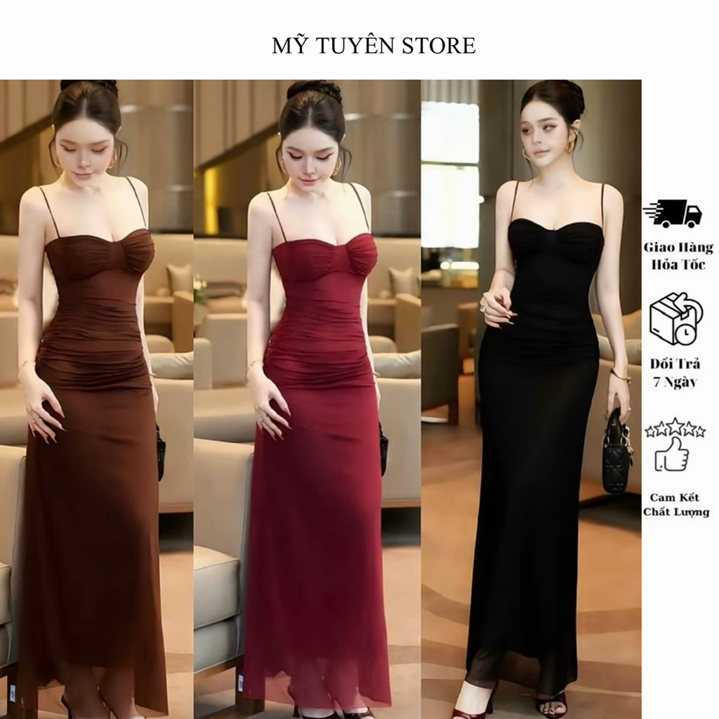 Đầm Body 2 Dây Cúp Chất Thun Lưới Dáng Dài Sang Chảnh, Freesize Dưới 54kg- MTS