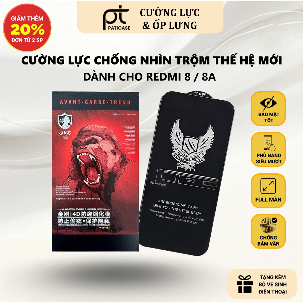 Cường lực Redmi 8, 8A chống nhìn trộm Paticase full màn | Miếng kính dán bảo vệ màn hình cho Xiaomi 
