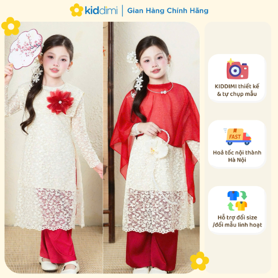 (Chính hãng Kiddimi)  Áo dài ren thanh lịch TẶNG HOA + VOAN ĐỎ cho bé gái - XUÂN CÁT