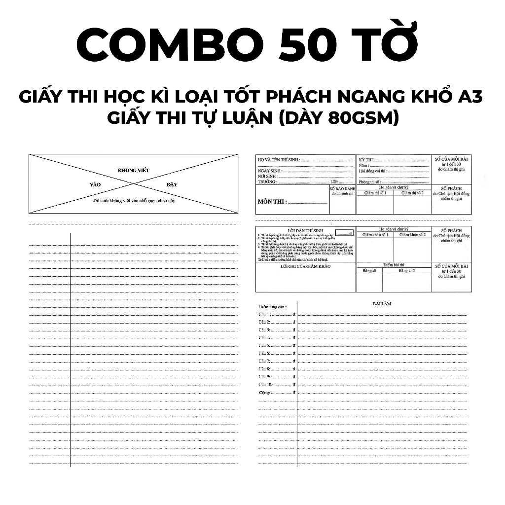[COMBO 50 TỜ] GIẤY THI HỌC KÌ LOẠI TỐT PHÁCH NGANG KHỔ A3 - GIẤY THI TỰ LUẬN (DÀY 80GSM)