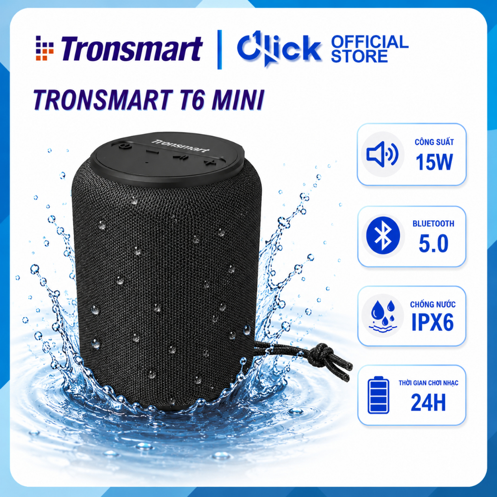 Loa  Bluetooth 5.0 Tronsmart T6 MINI chính hãng,  ngoài trời chống nước IPX6, 15W, nghe nhạc 24 giờ,