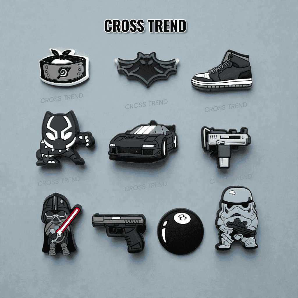 Set charm BLACK gắn dép cross, Nút gắn jibbitz sticker anime dép cross trang trí cham 2D hoạt hình n