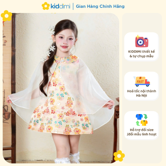 (Chính hãng Kiddimi) Váy cách tân gấm hoa (voan liền) tiểu thư, sang trọng cho bé gái - XUÂN TÚ
