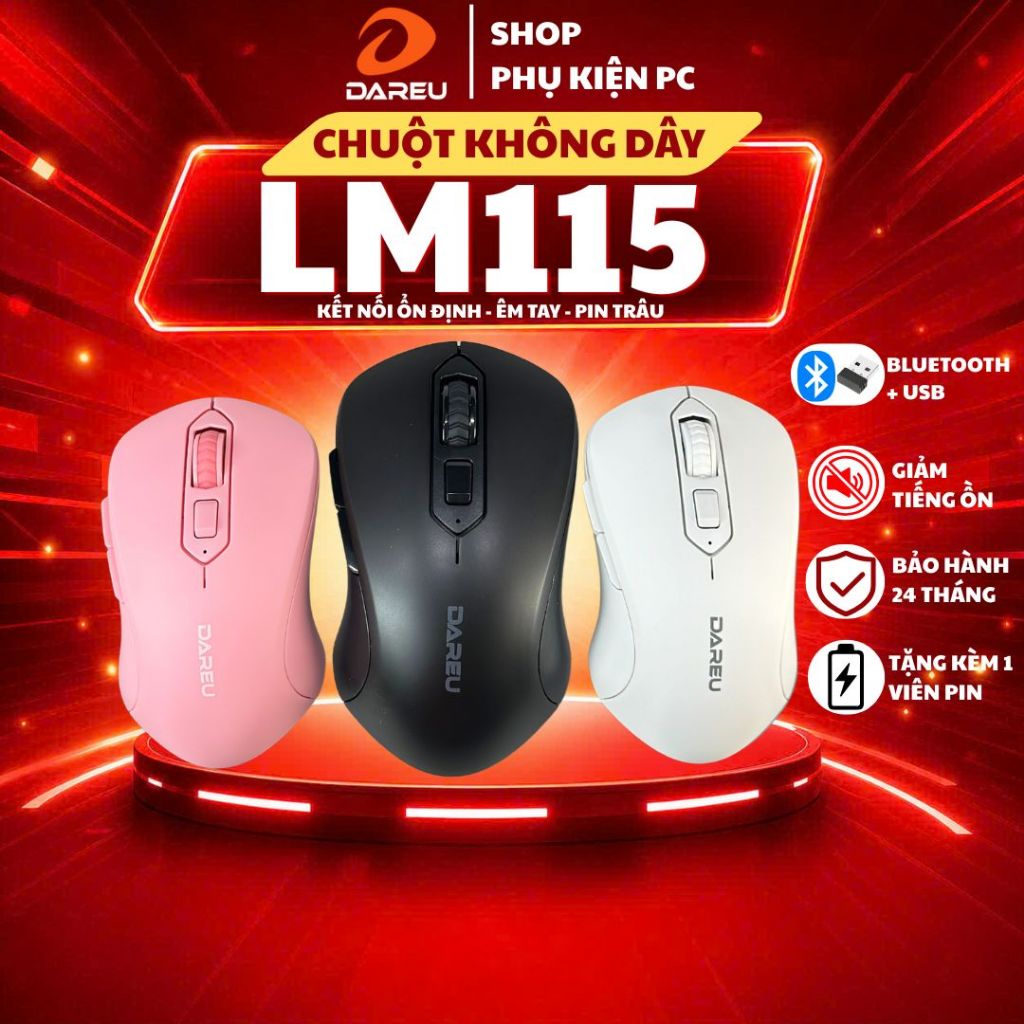 Chuột không dây Dareu LM115G Hồng | Trắng | Đen - Wireless 2.4GHz -Chính hãng