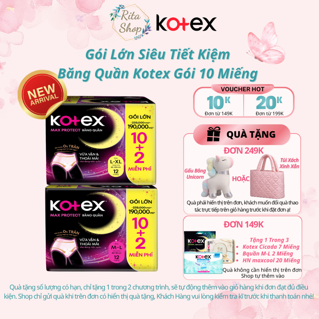 [TẶNG THÊM 2 MIẾNG] Băng Quần Kotex Maxprotect Size M-L / L-XL 10+2 Miếng - Siêu Thấm Hút (Rita Shop