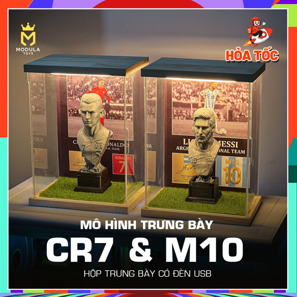 [Sẵn Hàng] Bộ Tượng Mô Hình Cầu Thủ Messi / Ronaldo Kèm Hộp Mica Trưng Bày Có Đèn LED World Cup 2026