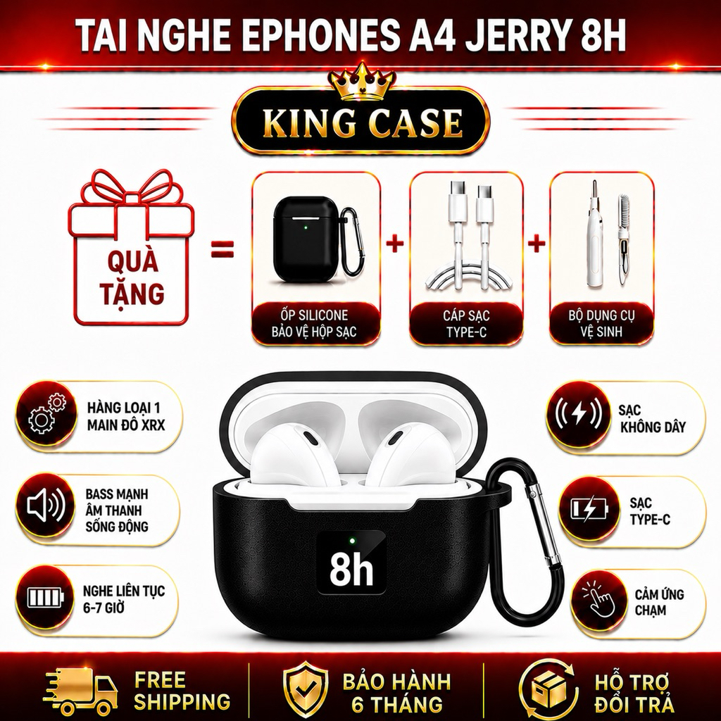 Tai Nghe Bluetooth Ephones A4_8H Jerry 6983 Main Đỏ XRX Bản Đủ Ko Cắt Giảm Linh Kiện l KING CASE