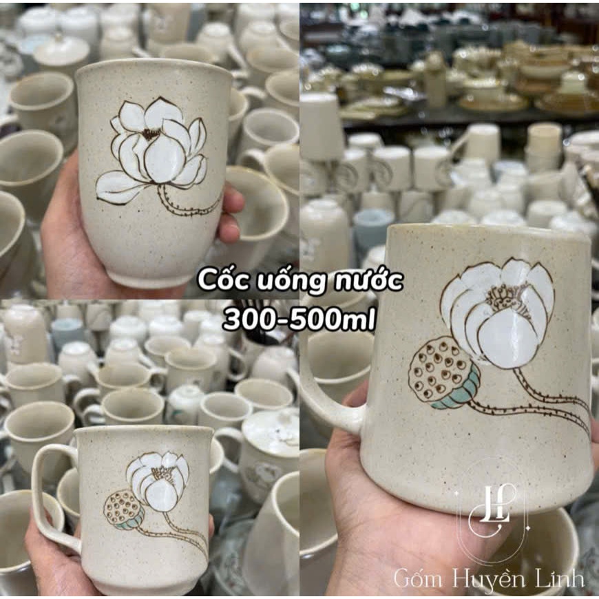 Cốc Uống Nước Vẽ Hoa Sen Men Tiêu Bát Tràng, Cốc Sứ Uống Nước, Ly Sứ Uống Nước, Cốc Uống Bia