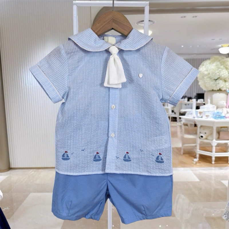 Bộ cộc xanh nhạt cổ sen mix cà vạt ettoi remake phong cách hàn quốc cho bé(ord10d)