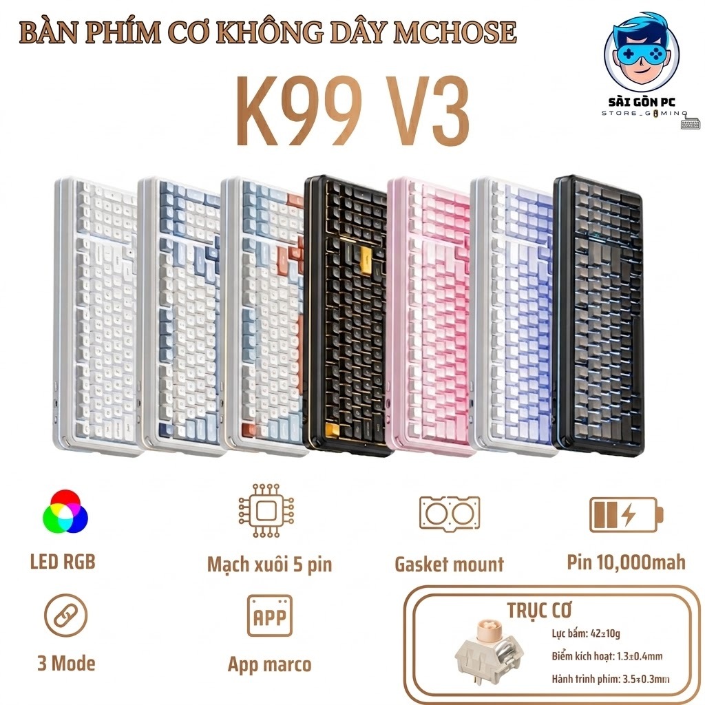Bàn phím cơ không dây full size Mchose K99 V3 - 3 Mode - Pin 10000 - Mạch Xuôi 5 pin - LED RGB - Tạ nhôm | BigBuy360 - bigbuy360.vn
