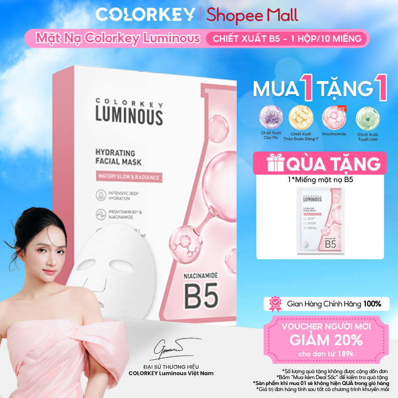 1 Hộp 10 Miếng Mặt Nạ Giấy COLORKEY LUMINOUS Vitamin B5 Hỗ Trợ Phục Hồi 25ml/miếng