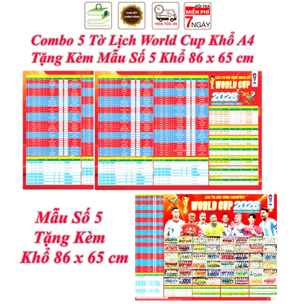 Combo 5 Tờ Lịch Thi Đấu Bóng Đá World Cup 2026 Kích Thước A4 + Tặng Kèm 1 Tờ Lịch World Cup 2026 Khổ