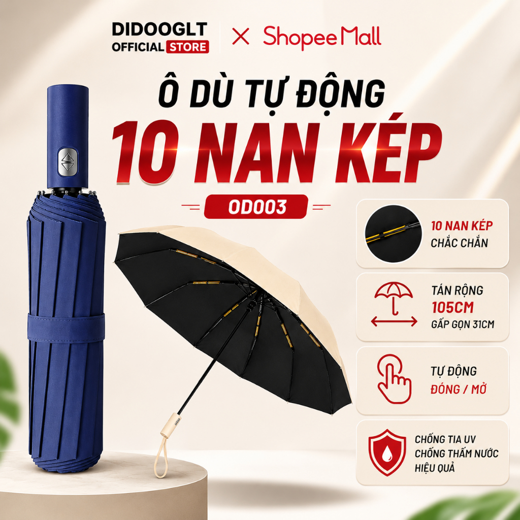 Ô che mưa gấp gọn tự động Didooglt 12 nan kép ô dù che mưa nắng mini chống tia UV nhỏ gọn
