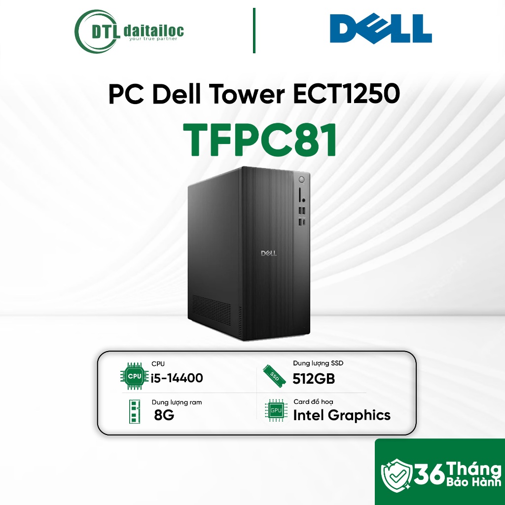 PC Dell Tower ECT1250 TFPC81 i5-14400 8G 512Gb NVMe SSD Win 11 ĐEN | Chính hãng | Bảo hành 12 tháng