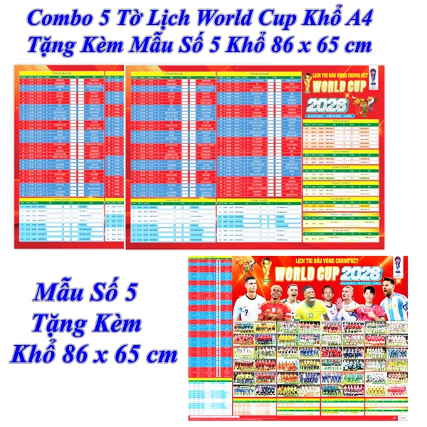 Combo 5 Tờ Lịch Thi Đấu Bóng Đá World Cup 2026 Kích Thước A4 + Tặng 1 Tờ Lịch World Cup 2026 Khổ 86 