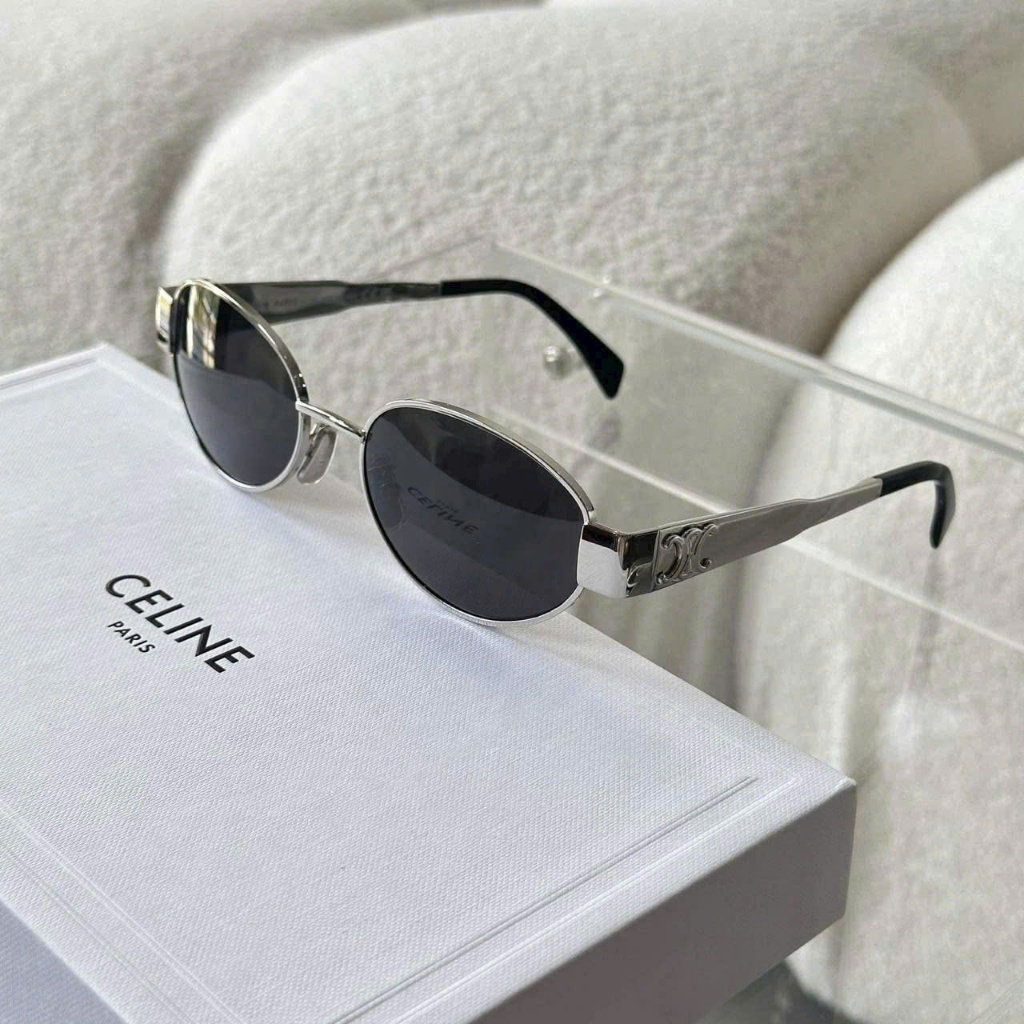 Kính Mát CELINE Oval Gọng Kim Loại Bạc Cao Cấp - Kính Râm Nữ Chống Tia UV Thời Trang Louis Eyewear