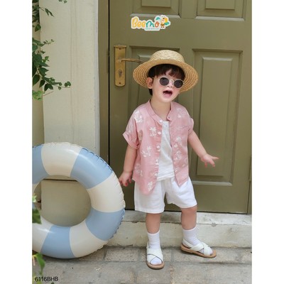 Set bộ sơ mi cổ tàu Beemo in hình cây dừa vải thô lụa kết hợp kaki cho bé đi chơi, đi biển từ 9-24kg 6116BHB