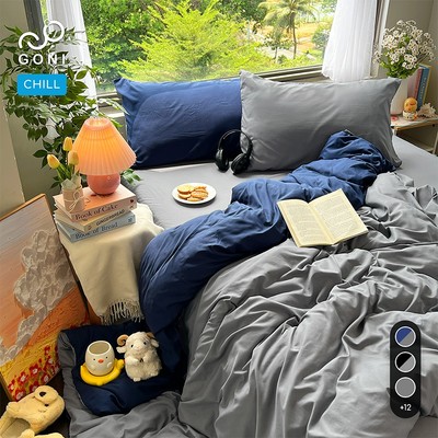 Bộ vỏ chăn mền ga gối GONI CHILL màu Navy Xám - Ga drap giường bo chun cao 4-25cm kích thước 1m, 1m2,1m4, 1m6, 1m8, 2m2