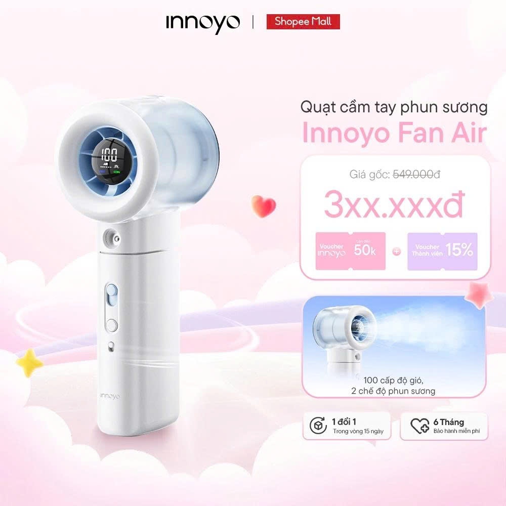 [QUÀ TẶNG KHÔNG BÁN] Quạt cầm tay phun sương Innoyo Fan Air - 100 cấp độ gió, 2 chế độ, Chip AI thôn